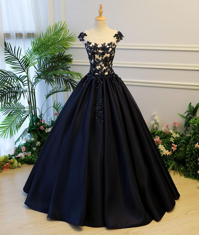 Black round neck satin long prom gown, black evening dress M4819