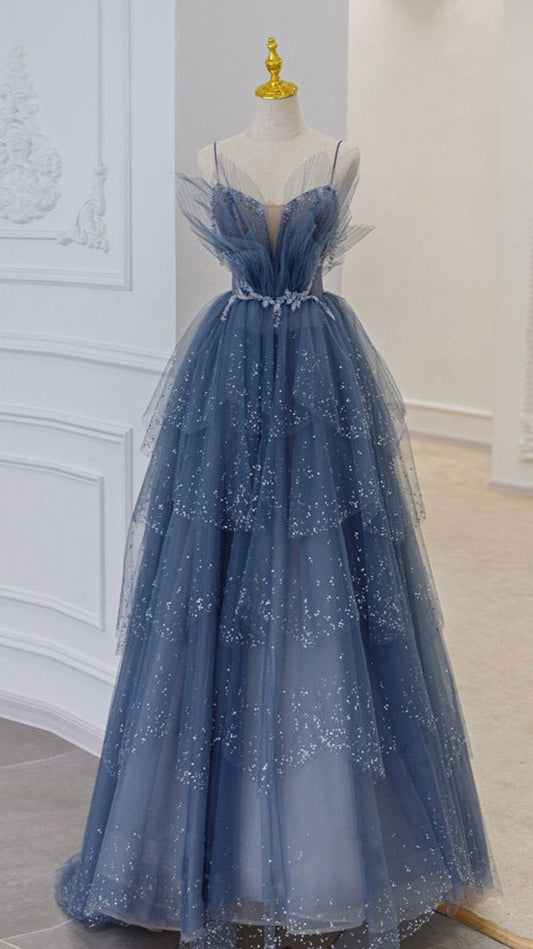 blue tulle sequin long prom dress M4985
