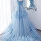 Blue tulle long prom dress blue evening dress M5295