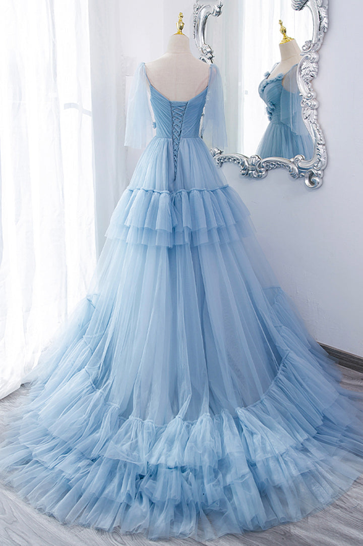 Blue tulle long prom dress blue evening dress M5295