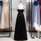 A-line Straps Black Long Prom Dress with Appliques