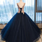 Dark blue v neck satin lace long prom gown ,dark blue evening dress M4810