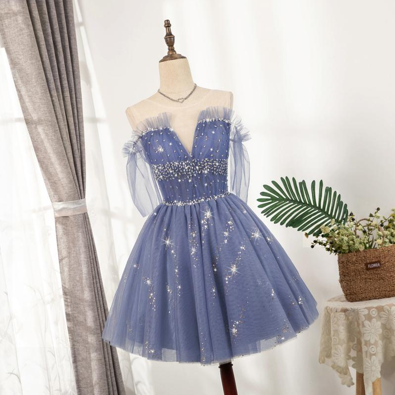 Sparkly Blue Homecoming Dresses 2022 Ruffled Hoco Dress M5909