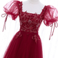 Burgundy tulle lace short prom dress homecoming dress M5988