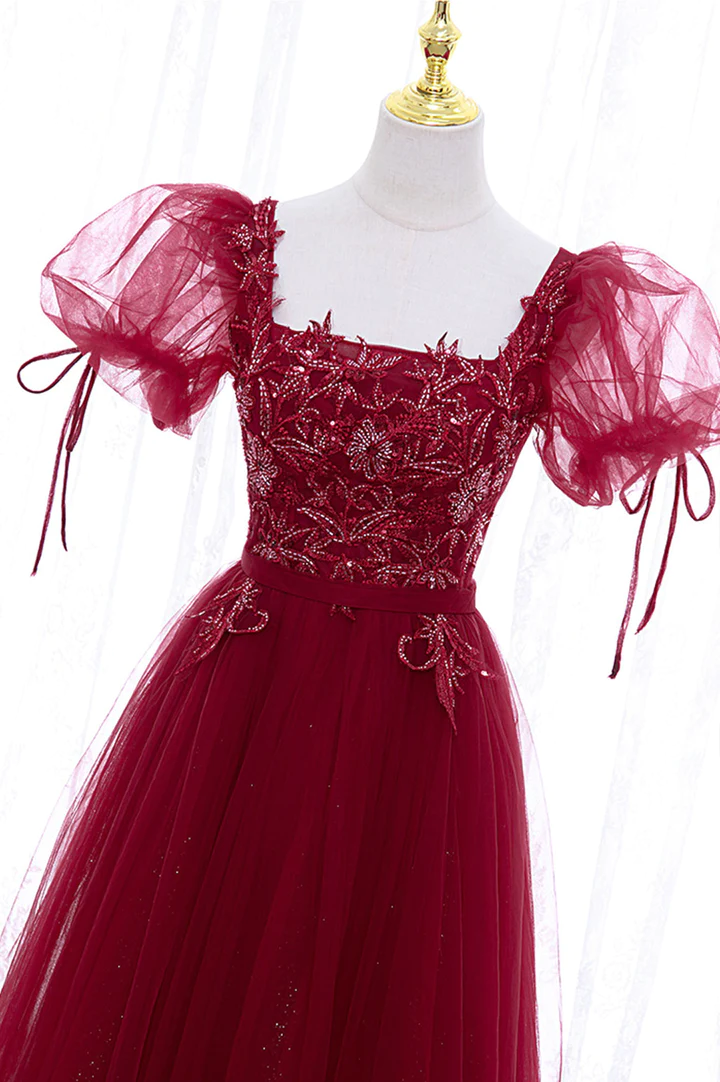 Burgundy tulle lace short prom dress homecoming dress M5988