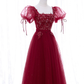 Burgundy tulle lace short prom dress homecoming dress M5988