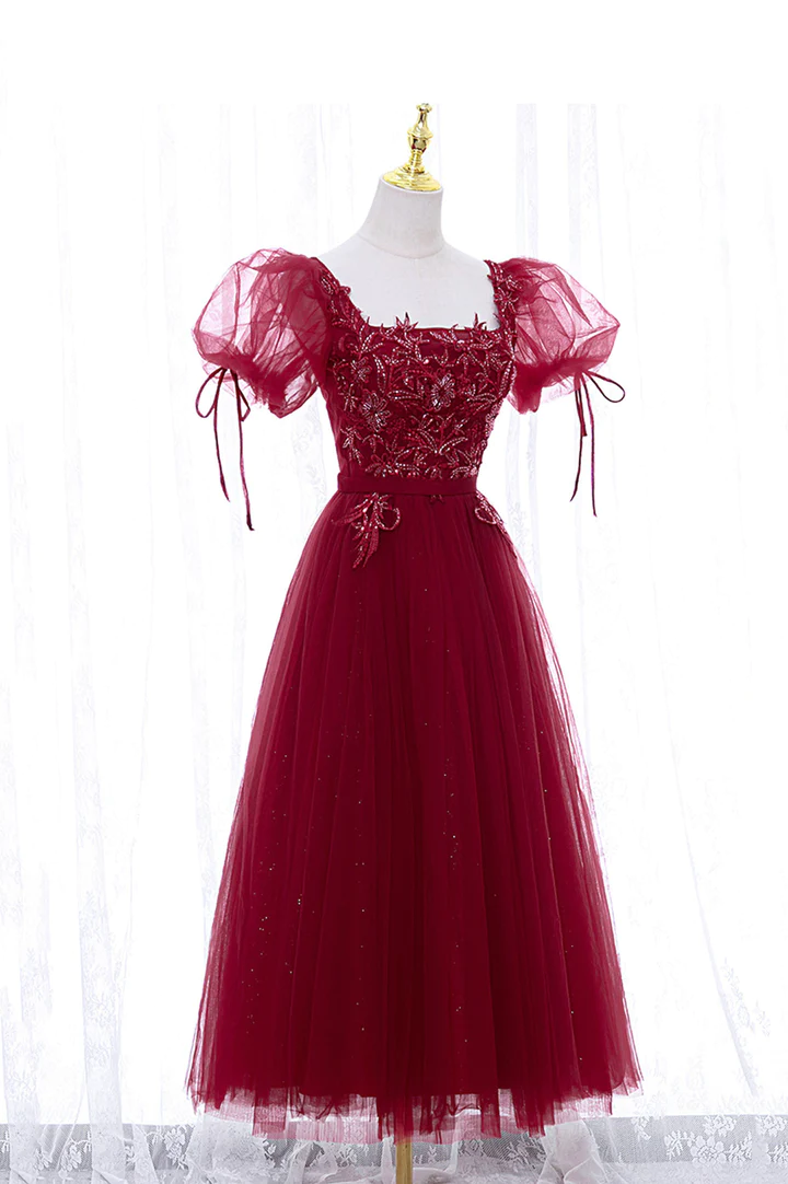 Burgundy tulle lace short prom dress homecoming dress M5988