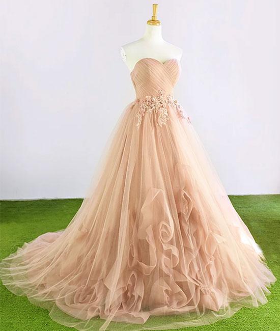 Champagne sweetheart neck tulle long prom dress, evening dress M4836
