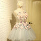 Cute round neck gray tulle lace applique short prom dresses M4872