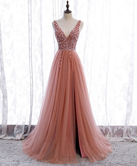 Robe de bal longue rose à col en V et paillettes en tulle, robe de soirée rose M4932