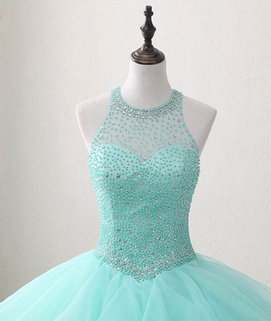 Robe de bal longue en tulle vert à col rond et perles, robe Sweet 16 M4885