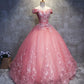 Pink sweetheart tulle lace applique long prom gown, sweet 16 dress M4808