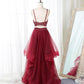 Burgundy two pieces beads long prom dress, burgundy evening dress M4850