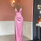 2026 Sexy Pink Prom Dress Satin V-neck Evening Dress Gala Gown Birthday Outfits,MD7126