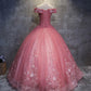 Pink sweetheart tulle lace applique long prom gown, sweet 16 dress M4808