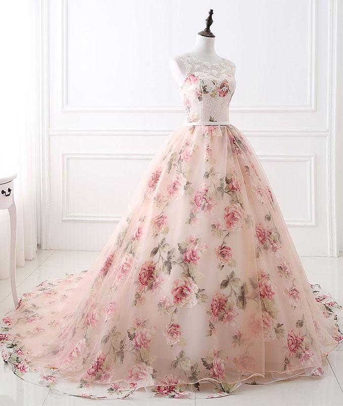 Unique round neck tulle long prom gown, unique evening dress M4831