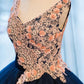 Dark blue v neck satin lace long prom gown ,dark blue evening dress M4810