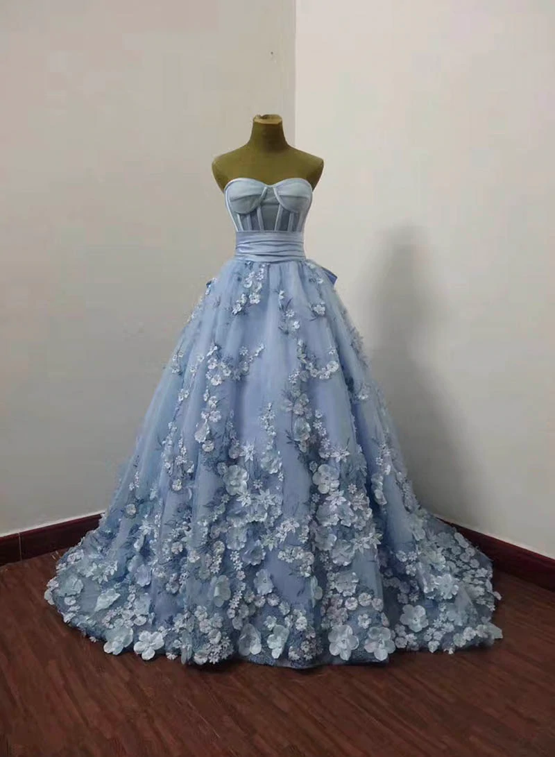 sweetheart neck blue prom dresses 2022 ball gown 3d flowers elegant a-line floral prom gown M5799