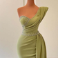 Modern One Shoulder Sage Mermaid Prom Dress Long Ruffles With Beads M5886