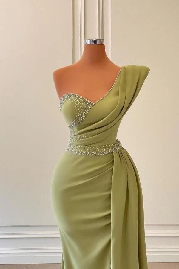 Modern One Shoulder Sage Mermaid Prom Dress Long Ruffles With Beads M5886