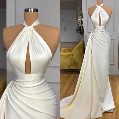 IVORY HALTER LONG EVENING PROM DRESS WITH SPLIT DETACHABLE TRAIN M5872