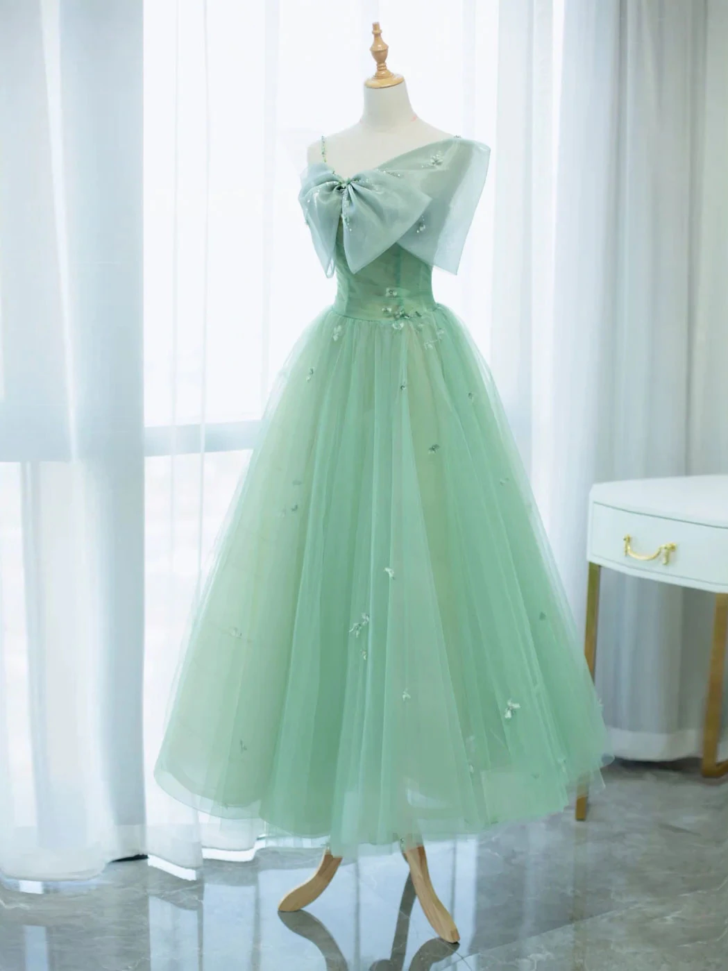 Simple Green tulle tea length prom dress, green tulle formal dress M5818