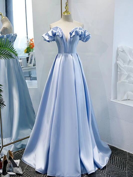 Blue A-line off shoulder long prom dress, formal dresses, blue evening dress M5862