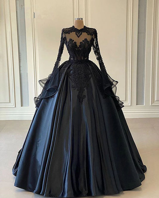 Ball Gown Black Long Sleeves Lace Prom Dresses,Beading Formal Evening Dresses M5454