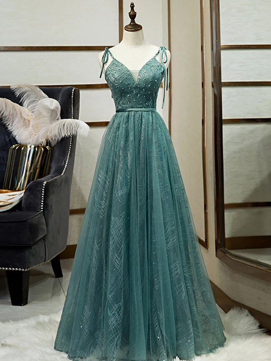 Spaghetti Straps Tulle Modest A Line Evening Dress Long Prom Dress M5486