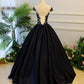 Black round neck satin long prom gown, black evening dress M4819