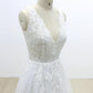 A Line V Neck Lace Appliqued Tulle Wedding Dress with V-Cut Back,Beach Wedding Dress M1405
