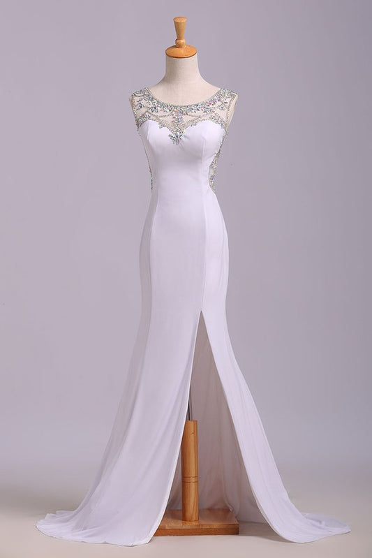 White Mermaid Sleeveless Split Prom Dress with Sequins, Sweep Train Dress with Rhinestones M1511