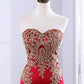 Floor Length Sweetheart Mermaid Red Prom Dress, Gold Appliqued Long Evening Dress M1525