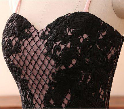 Cheap Pink Spaghetti Straps Sweetheart Long Mermaid Black Lace Prom Dress M1403