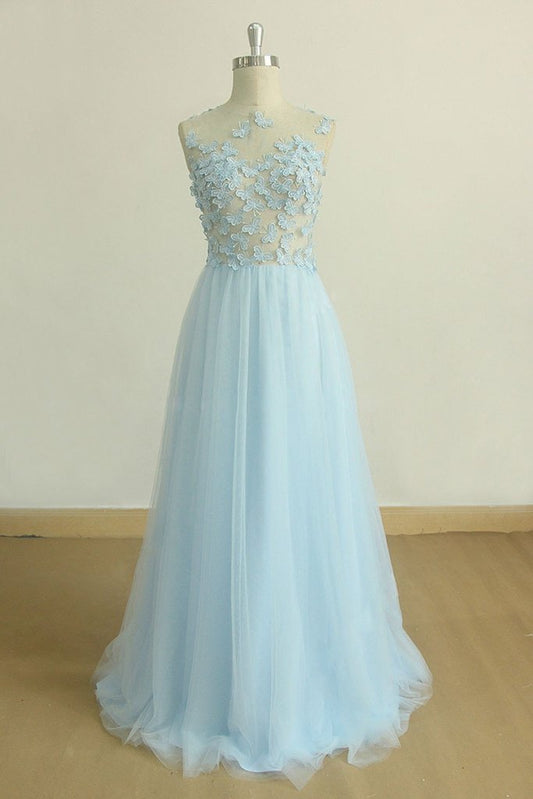 A Line Round Neck Baby Blue Lace Long Prom Dress with Butterfly, Baby Blue Lace Formal Graduation Evening Dress M2801