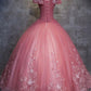 Gorgeous Off the Shoulder Pink Lace Appliques Long Prom Dress, Off Shoulder Pink Formal Dress, Pink Evening Dress, Ball Gown M2819