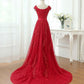A Line Cap Sleeves Burgundy Lace Long Prom Dress with Appliques, Burgundy Formal Dress, Burgundy Evening Dress M3253