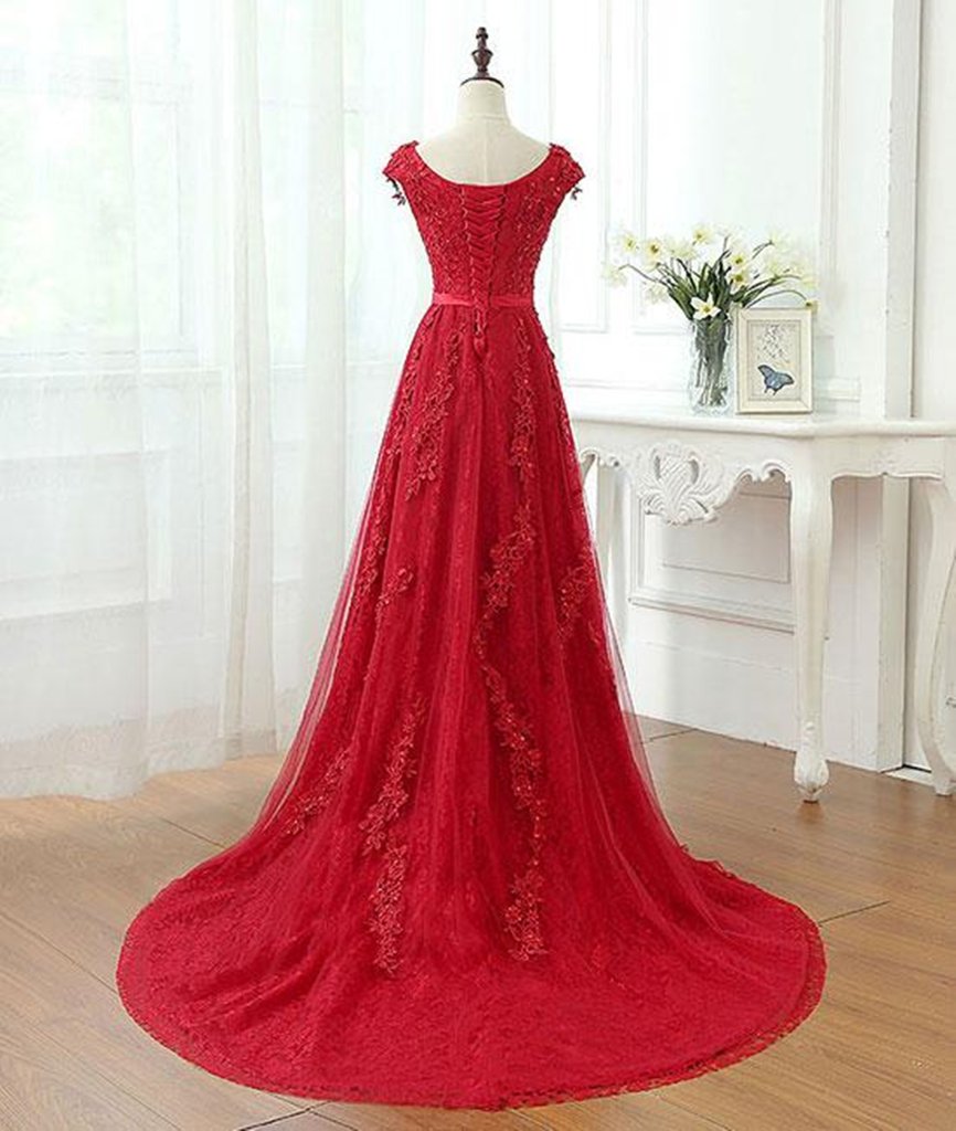 A Line Cap Sleeves Burgundy Lace Long Prom Dress with Appliques, Burgundy Formal Dress, Burgundy Evening Dress M3253