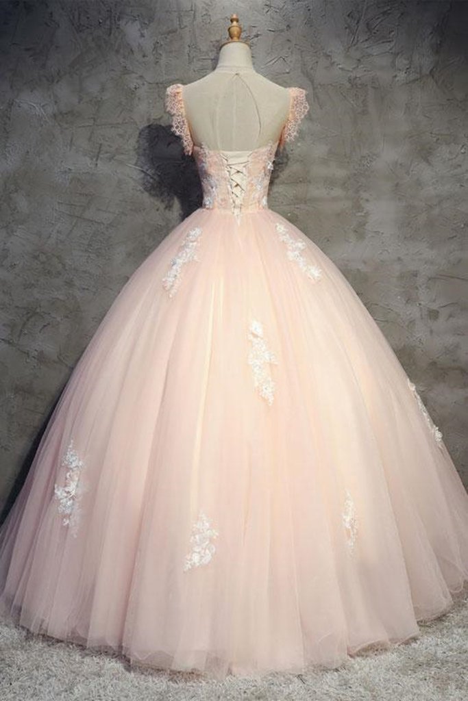 Round Neck Cap Sleeves Lace Pink Long Prom Dress, Pink Lace Formal Dress, Pink Evening Dress, Ball Gown M3109