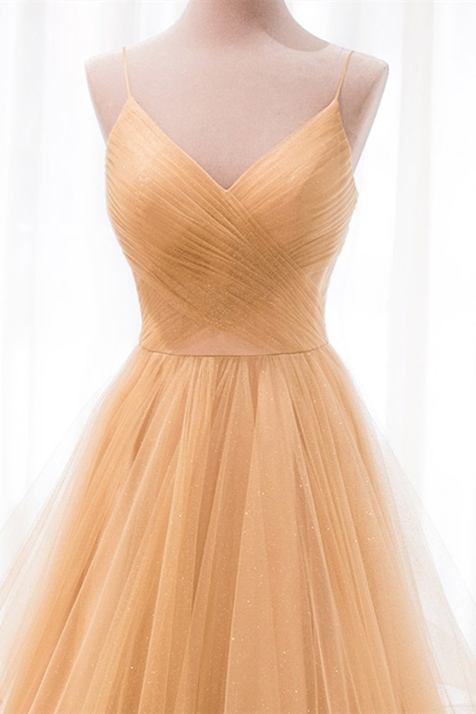 Shiny V Neck Backless Golden Long Prom Dress, Backless Golden Formal Dress, Golden Evening Dress M2984