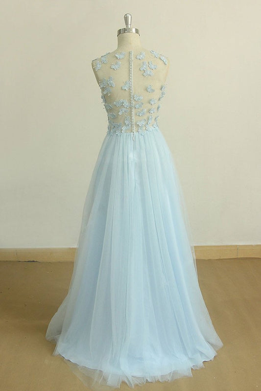 A Line Round Neck Baby Blue Lace Long Prom Dress with Butterfly, Baby Blue Lace Formal Graduation Evening Dress M2801