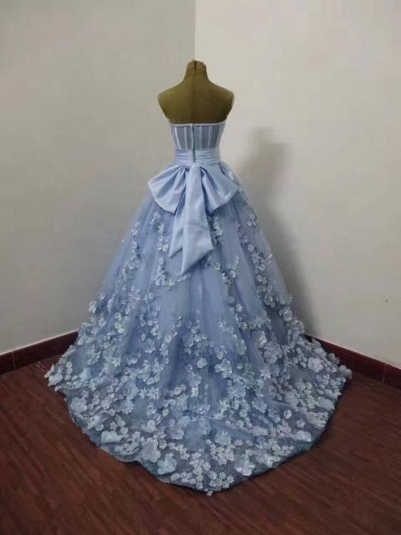 sweetheart neck blue prom dresses 2022 ball gown 3d flowers elegant a-line floral prom gown M5799