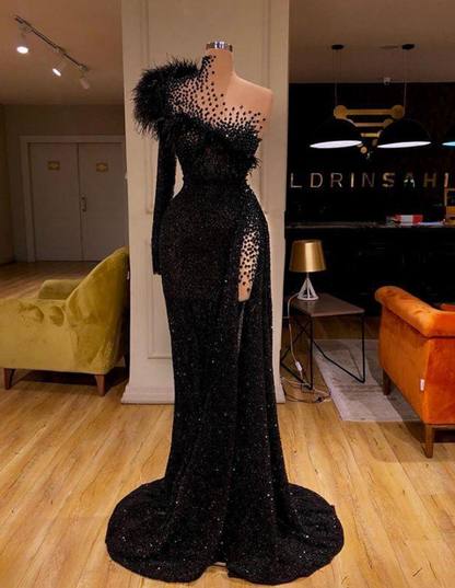 Black Evening Dresses High Neck Side Split Long Sleeve Mermaid Prom Dress Feather Beaded Sexy Special Occasion Gowns M5451