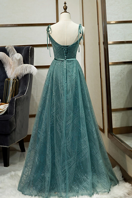 Spaghetti Straps Tulle Modest A Line Evening Dress Long Prom Dress M5486