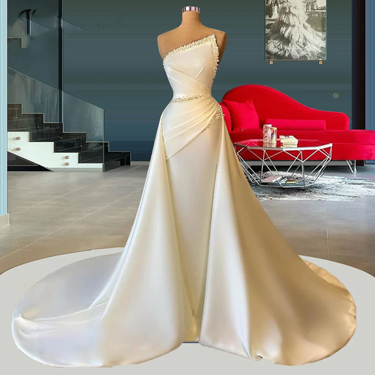 Graceful Ivory Satin Strapless Pleats With Pearls A-line Evening Gowns Prom Dresses M5898