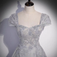 Gray tulle lace long prom dress A line evenig gown M5899