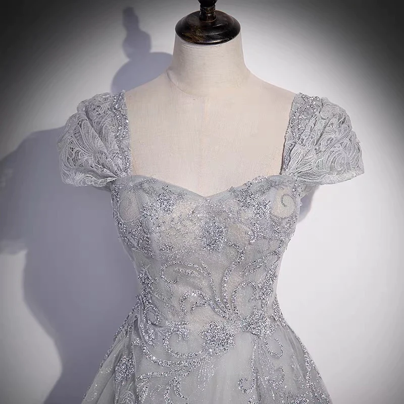 Gray tulle lace long prom dress A line evenig gown M5899