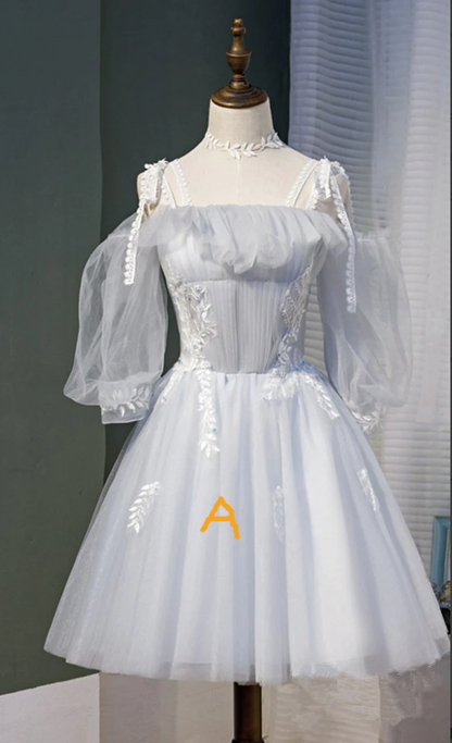 Short Silver Tulle Homecoming Dresses with Sleeves M6107