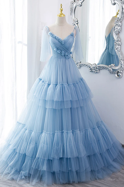 Blue tulle long prom dress A line evening dress,BL2154