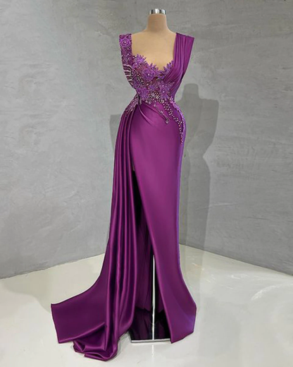 Long Evening Dresses 2022 Sexy High Slit Luxury Beaded Dubai Women Purple Satin Formal Evening Party Gowns robes de soirée,MD6915